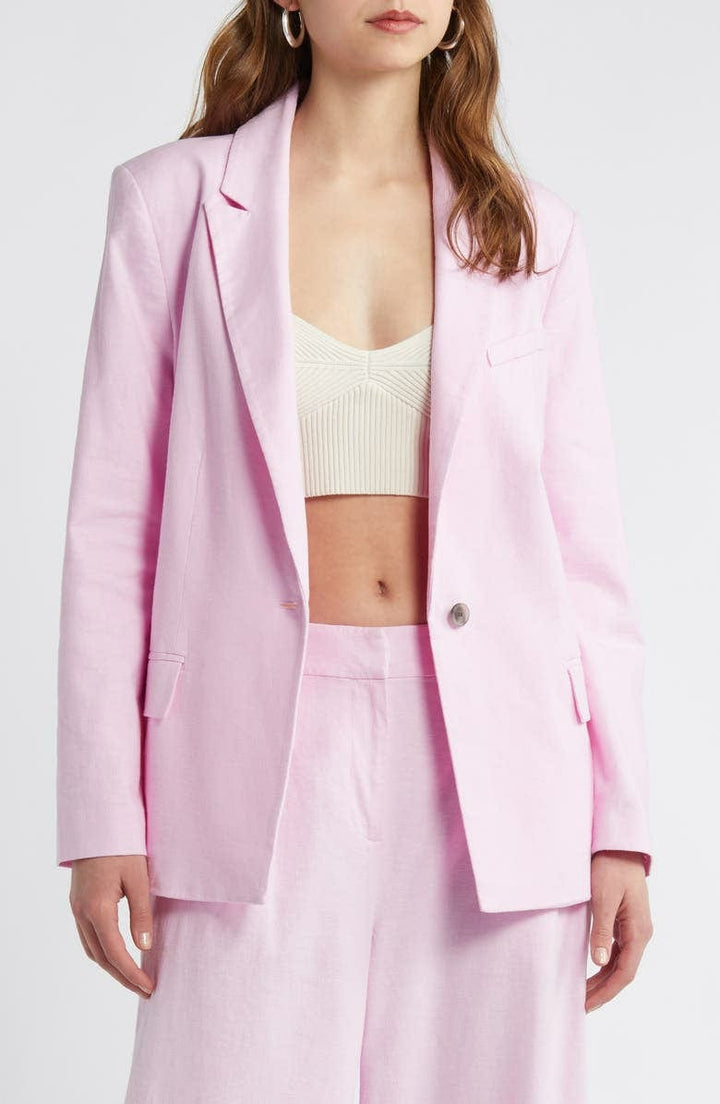 solovedress 2 Piece Pink Linen Peak Lapel Women's Suit (Blazer+Pants)