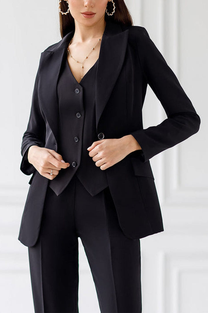 solovedress Black 3 Piece Single Buttons Peak Lapel Women Suit (Blazer+Vest+Pants)