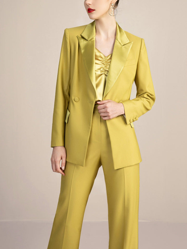 solovedress Gold 2 Piece Double Breasted Slim Fit Satin Collar Women Suit (Blazer+Pants)