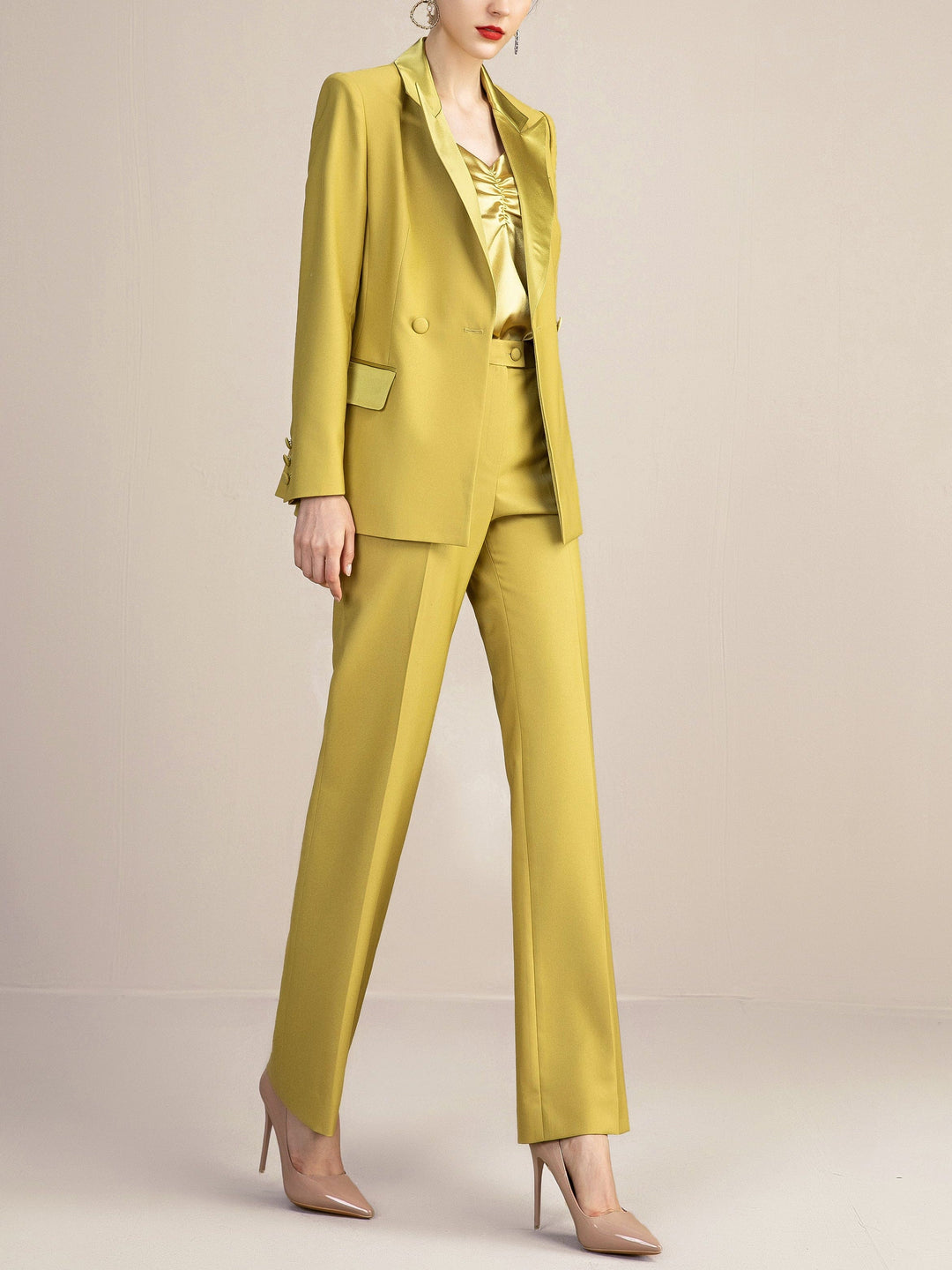 solovedress Gold 2 Piece Double Breasted Slim Fit Satin Collar Women Suit (Blazer+Pants)