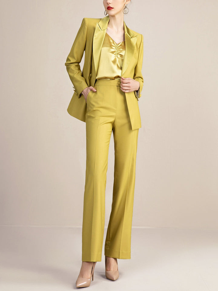 solovedress Gold 2 Piece Double Breasted Slim Fit Satin Collar Women Suit (Blazer+Pants)