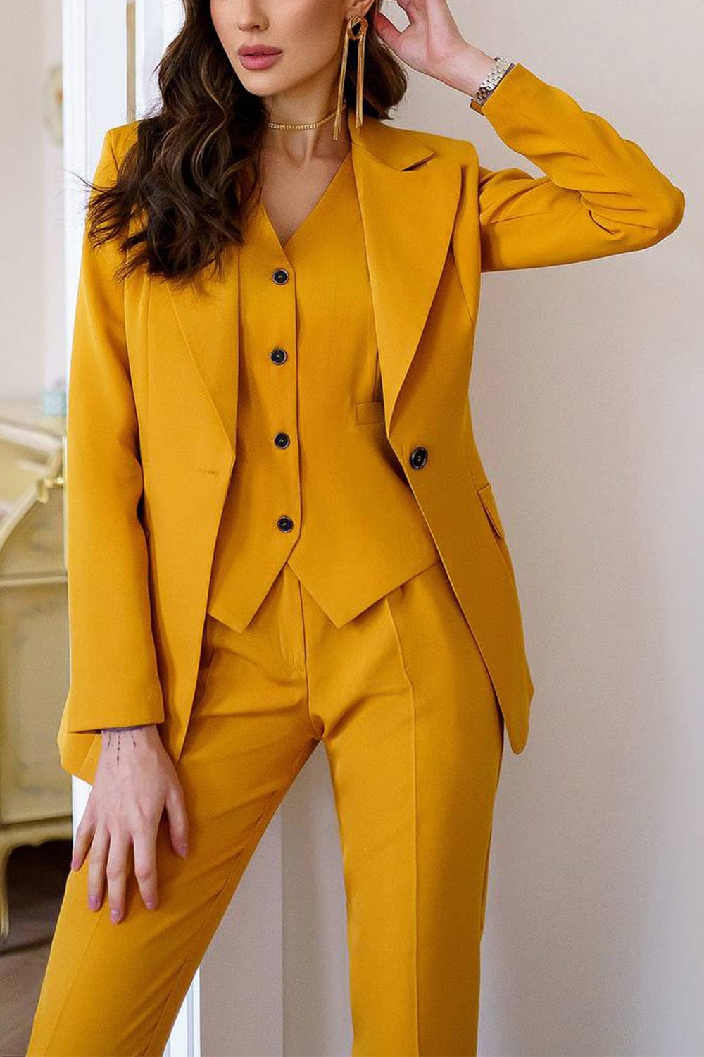 solovedress Gold 3 Piece Single Buttons Slim Fit Women Suit (Blazer+Vest+Pants)