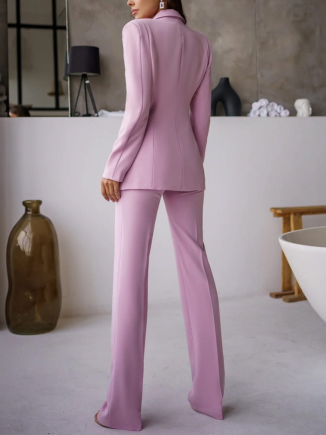 solovedress Pink 2 Piece Solid Color Business Casual Slim Fit Women's Suit (Blazer+Pants)