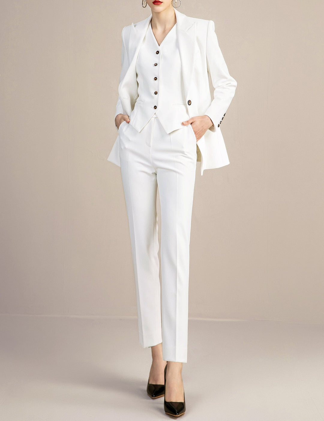 solovedress White 3 Pieces Slim Fit Peak Lapel Women Suit (Blazer+Vest+Pants)